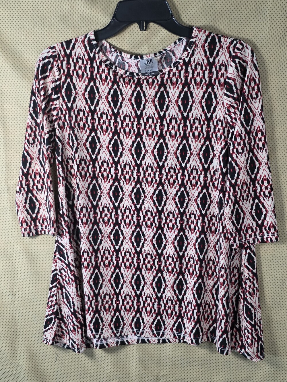 JM Collection For Her Geometric Print Tunic Top Size L 3/4 Sleeve Red Black